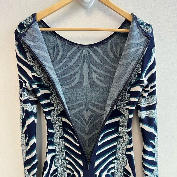 Long Sleeve Mini Dress Size S Knit Zebra Chain Black Blue Stretch Animal Print - Picture 7 of 11